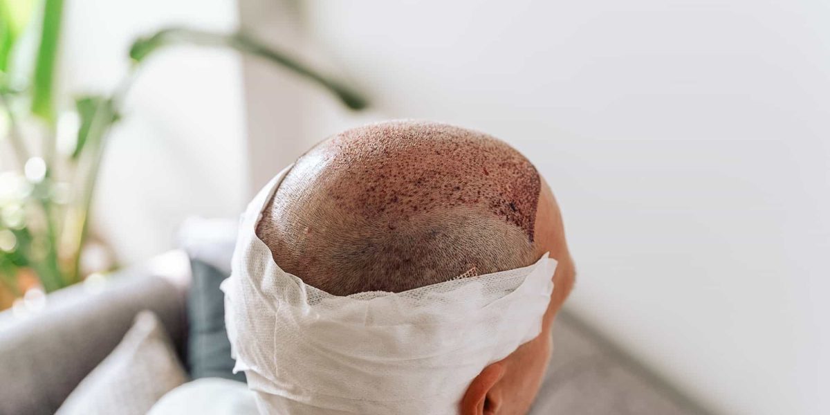 After hair transplantation surgical technique that moves hair follicles. Young bald man in bandage