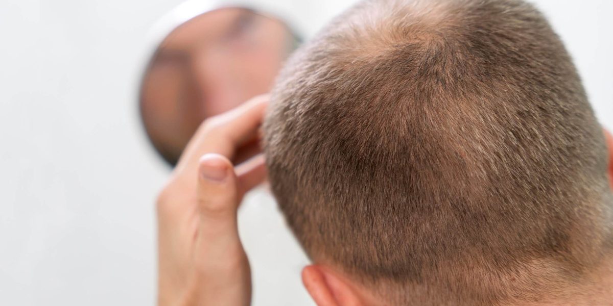 Imagen de la parte de atrás de la cabeza de un hombre que ha perdido mucho cabello, se está mirando en el espejo quiere un injerto capilar FUE DHI